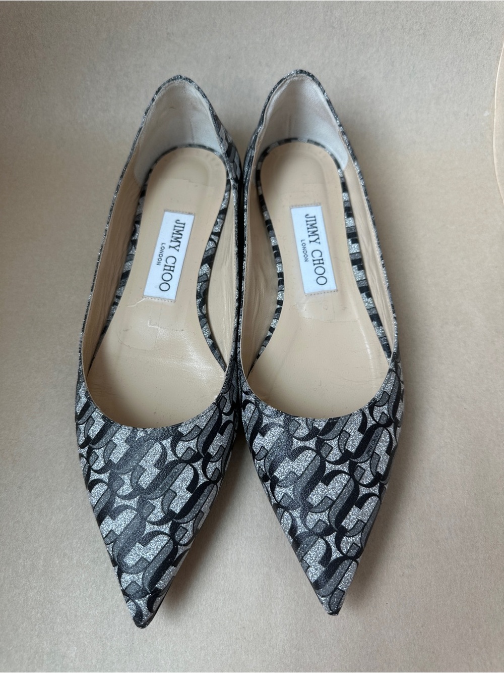Jimmy Choo Silver & Black Logo Pointed Toe Flats